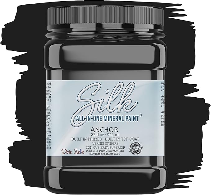 Dixie Belle Silk All-in-One Mineral Paint - Anchor (32 Fl Oz) - Black All-in-One Water Based Primer + Topcoat - Durable Furniture Paint - Low Reflective Finish