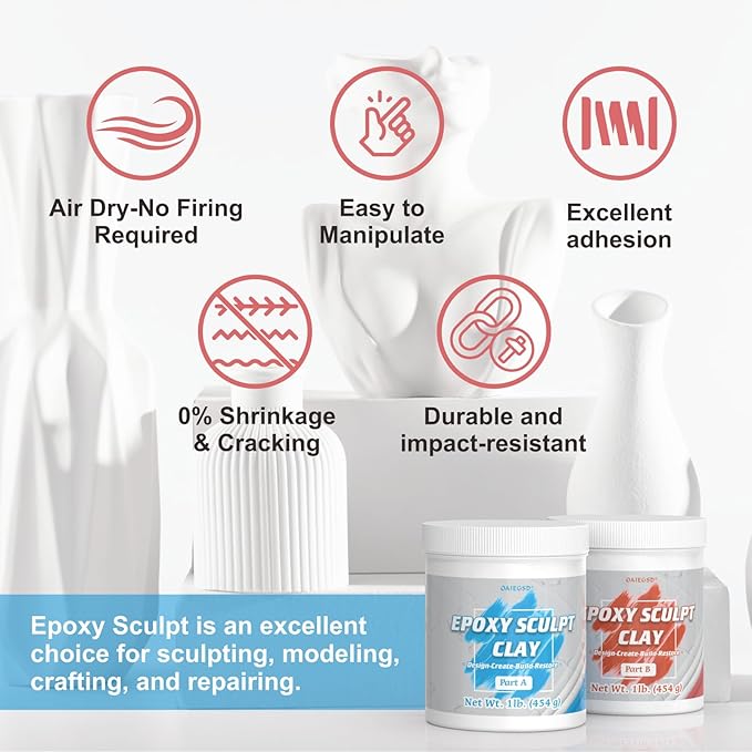 2 Pound White Epoxy Putty Sculpt Clay, 2 Part (A & B) Modeling Compound for Sculpting, Modeling, Building, Repairing, Self-Hardening Epoxy Clay Easily Repairs Metal, Wood, Tile, Ceramics, Plastic