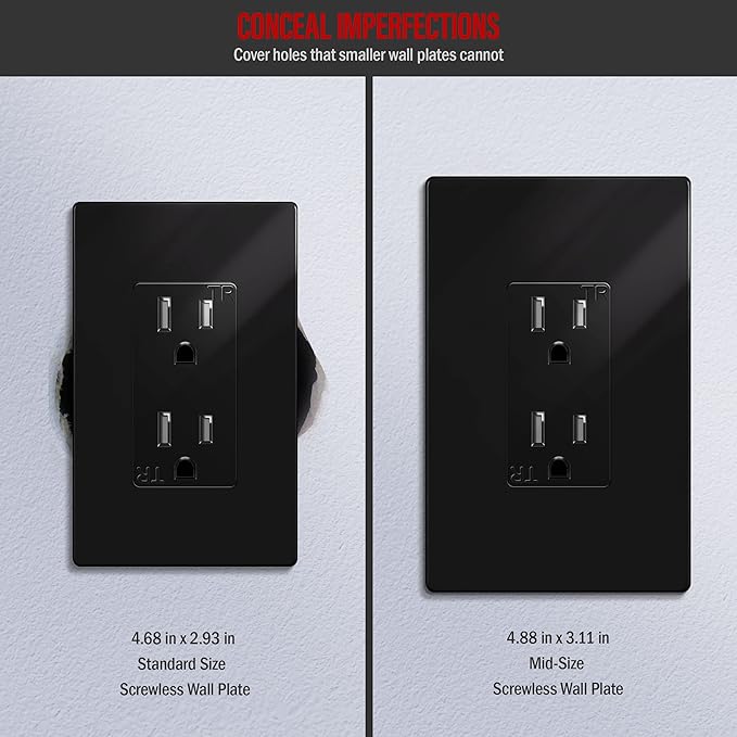 ENERLITES Screwless Decorator Wall Plates Child Safe Outlet Covers, Gloss Finish, Medium Size 1-Gang 4.88" H x 3.11" L, Unbreakable Polycarbonate Thermoplastic, SI8831M-BK, Black