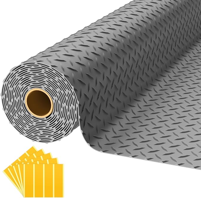 8x25 FT Garage Floor Mat, 2.8mm Thickened PVC Flooring Roll for Under Car, 200 SQFT Diamond Plate Gray Garage Mats for Garage, Warehouse, Basement, Gyms, Trailer（Included Tapes）