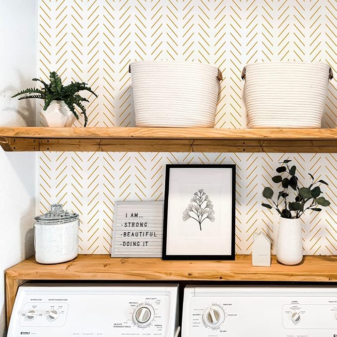 Erfoni Yellow White Peel and Stick Wallpaper Modern Herringbone Wallpaper | 17.7in x 393.7in Geometric Removable Contact Paper Bathroom Peel and Stick Self Adhesive Cabinets Wallpaper Waterproof