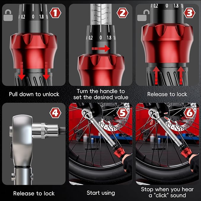 15pcs 1/4" Bike Click Torque Wrench Set, 3-25 N.m/2.21-18.43 Ft.lb | ±3% Bicycle Torque Wrench Kit with Hex & Torx Bits, 8/10 mm Brake Cable Wrench, for MTB, Road Bike & E-Bike Maintenance