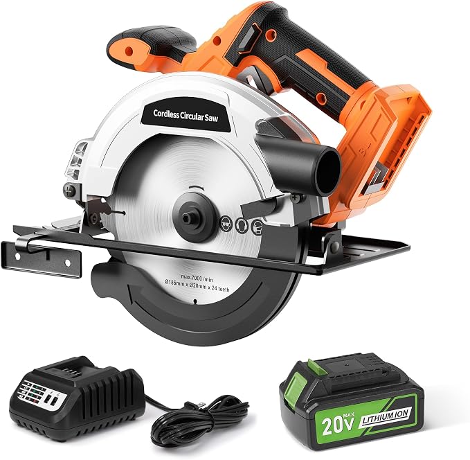 20V 7-1/4-inch Cordless Circular Saw, 4.0Ah Battery Powered Brushless Motor, 45° Bevel Capacity, Max Cutting Depth 2-7/10-inch (90°), 2-inch (45°), Electric Circular Saw for Wood, Plastic Cutting