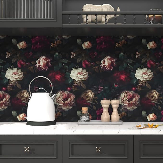 Fvlow Vintage Black Dark Red Floral Peel and Stick Wallpaper 17.4" x 394" | Renter Friendly, Removable & Waterproof, Vinyl Easy Install for Bedrooms, Bathrooms, Kitchens, Cabinets and Home Decor