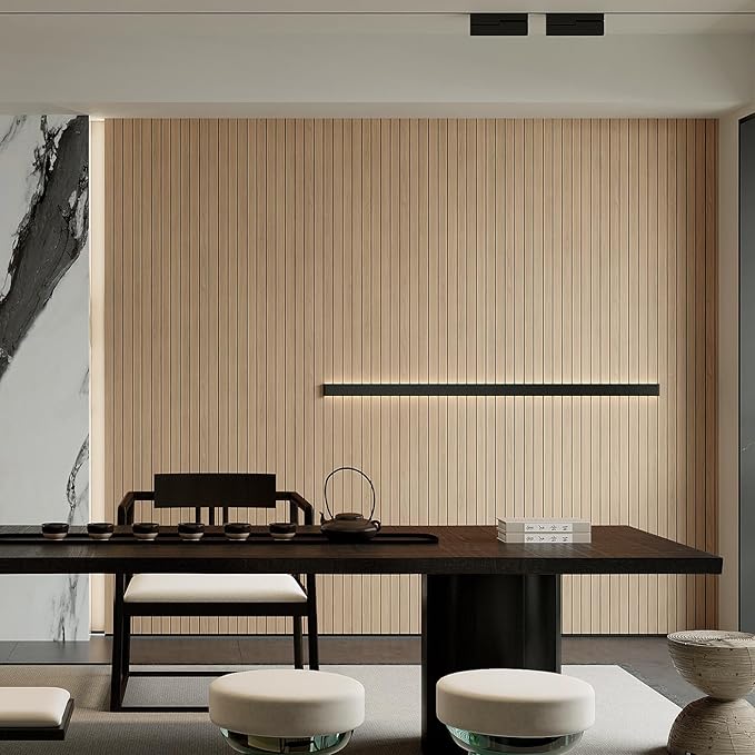 YU LI 3DH Peel and Stick PVC Slat Wall Panel 236"x15.75" Self-Adhesive Thick Faux Oak Wood Grain Wallpaper Panel 3D Soundproof Wall Panels for Walls & Ceilings