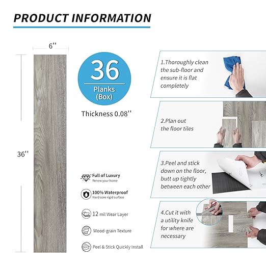 Art3d Peel and Stick Floor Tile Vinyl Wood Plank 36-Pack 54 Sq.Ft, Light Grey, Rigid Surface Hard Core Easy DIY Self-Adhesive Flooring