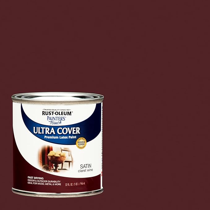 Rust-Oleum 240286-2PK Painter's Touch Latex Paint, Quart, Satin Claret Wine, 2 Pack