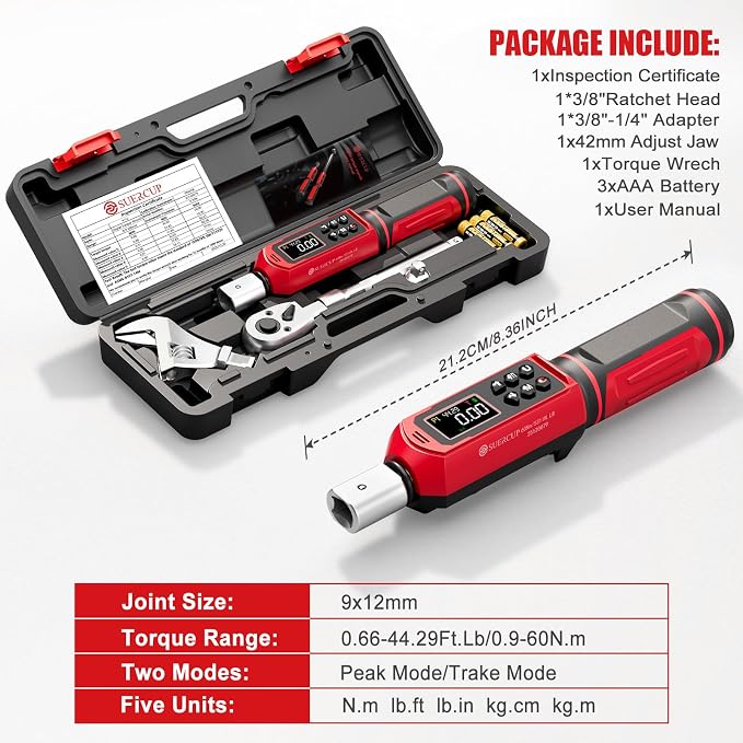 9x12 mm Adjustable Digital Torque Wrench, 0.66-44.29Ft.Lb/0.9-60N.m | Interchangeable Open End Head 42mm Jaw & 3/8" Ratchet, Vibration/Buzzer/LED Alert, for Split AC, HVAC, Bike & Moto Repair