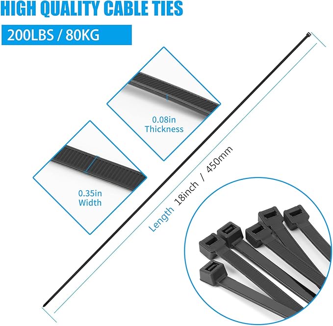 Armpow 18 inch Black Zip Ties Heavy Duty 100 PACK, 220 LBS Ultra Exclusive Strong Plastic Wire Ties, Large Cable Ties Extra Long Tie Wraps, Indoor and Outdoor UV Resistant