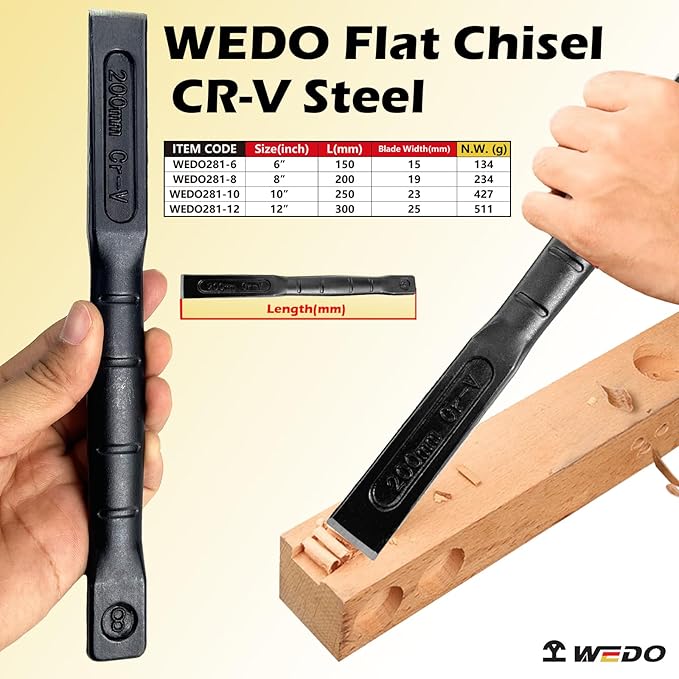 WEDO 3PCS Flat Chisel Set, 6",10",12", Industrial grade, CR-V Steel, Die-forged, Heat Treatment, Surface Black Polishing