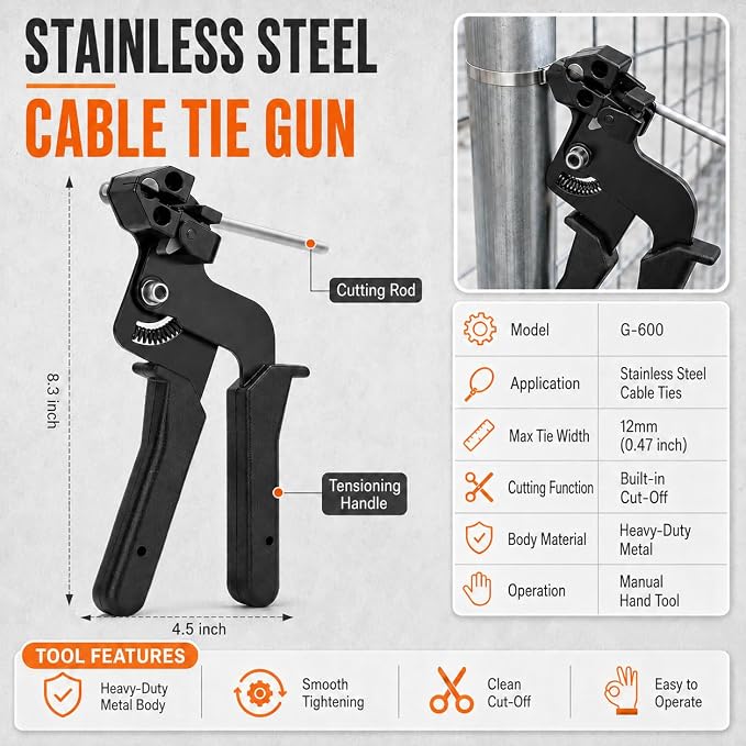 450Pcs Metal Zip Ties Gun Kit, Silver 8/12/16in & Black 8/12in Stainless Steel Zip Ties, Heavy Duty Cable Tie Fastening Cutting Tool Set with Organizer, Gloves, Storage Bag for Fence, Exhaust Wrap