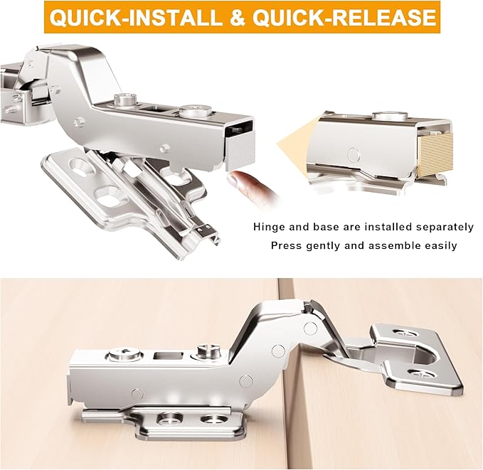 2pcs Professional Grade Inset Soft Close Cabinet Hinges, Frameless Concealed European Style with Four-Hole Clip-On Mounting Plate and Screws, Nickel Plated Finish