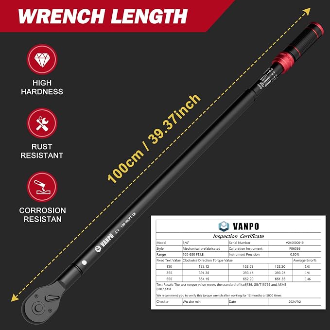 VANPO 3/4-inch Drive Click Torque Wrench, 100-650Ft-Lb/135.5-880.8Nm, | Industrial Adjustable Torque Wrench Set with a Hex Key for Oil Rigs, Trucks & Off-Road Equipment