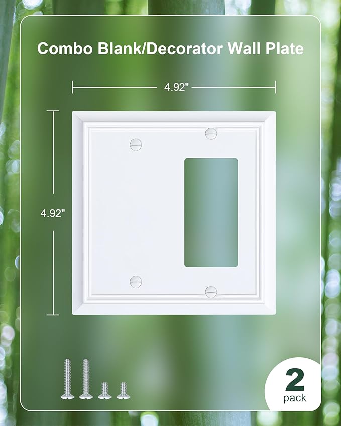 2-Pack Combo Blank/Decorator Wall Plates, Pure White Decorative Switch Plates and Outlet Covers, Durable Natural Bamboo Fiber Wall Plates for Electrical Outlets, Receptacle, GFCI Outlet, Dimmer Switch