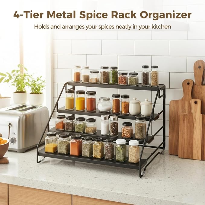 2 Pcs Foldable 4-Tier Metal Spice Rack Organizer, Sturdy and Space-Saving Shelf, 13.2 x 10.1 x 8.3 in, Simple to Assemble, Rust-inhibiting Finish for Countertop & Pantry Storage