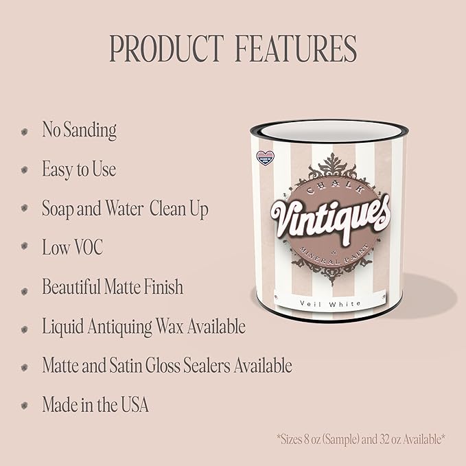 Vintiques Chalk & Mineral Paint, Time Piece, 32oz - Matte Finish- Easy Application for DIY Projects - Furniture, Wood, Metal, Home Decor and More - includes color card