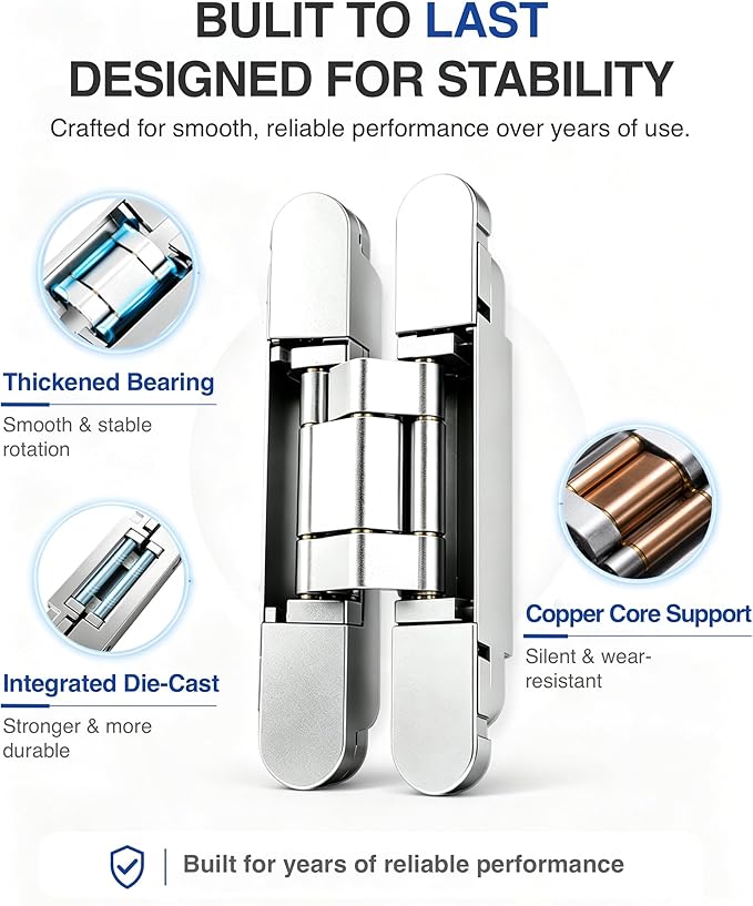 Onedaful 2 Kits 6 inch Stainless Steel Hidden Door Hinges Invisible Hinges for Door, 180 Degree Swing Concealed Hinges, 3 Way Adjustable & Heavy Duty for Secret Door (Load-Bearing Up to 170lbs)