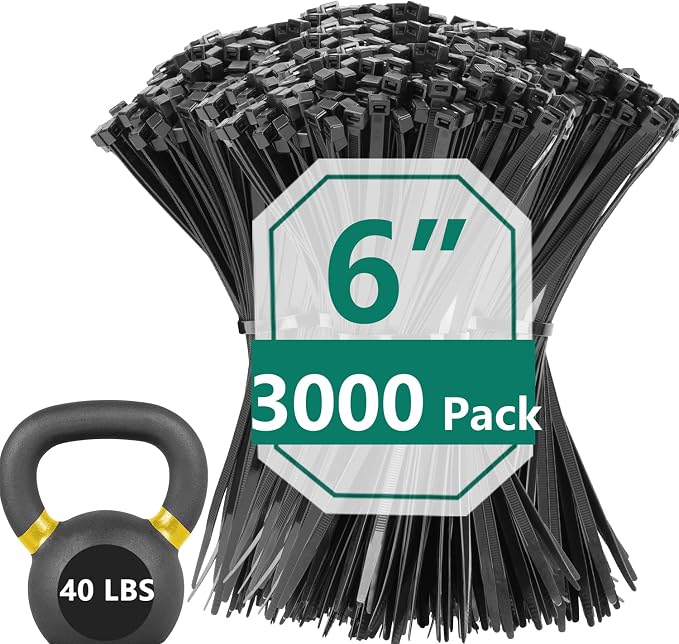 3000 Pack 6 Inch Black Zip Ties, 40 LBS Heavy Duty Cable Ties, UV Resistant Nylon Wire Ties, Self-Locking Plastic Straps for Indoor & Outdoor Use