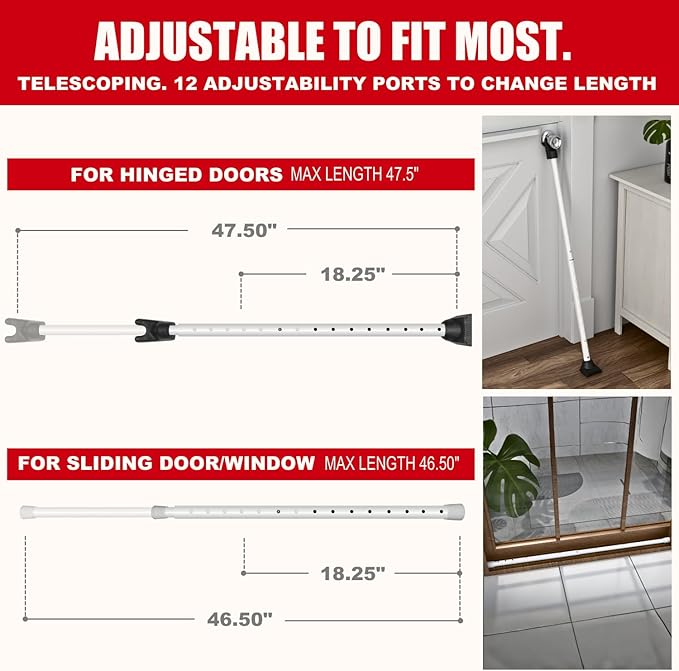 SECURITYMAN 3-in-1 Door Security Bar, Security Door Stoppers & Door Barricade – Heavy Duty Adjustable Iron Security Lock Bar for Home Defense, Apartment & Travel Safety (1 Pack - White)