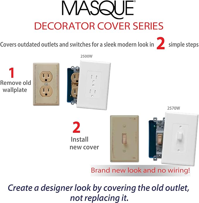 TayMac 2000W MASQUE 2000 Mid-size White 1-Gang Decorator Grounded Duplex Wall Plate, Paintable Outlet Cover Replaces Old Wall Plate