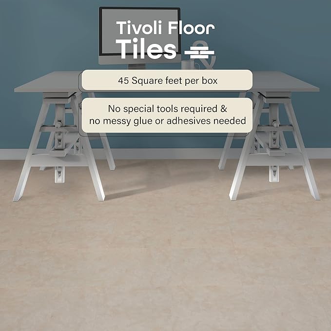 Tivoli Self Adhesive Vinyl Floor Tiles, 45 Tiles - 12" x 12", Carrera Marble - Peel & Stick, DIY Flooring for Kitchen, Dining Room, Bedrooms, Basements & Bathrooms by Achim Home Decor