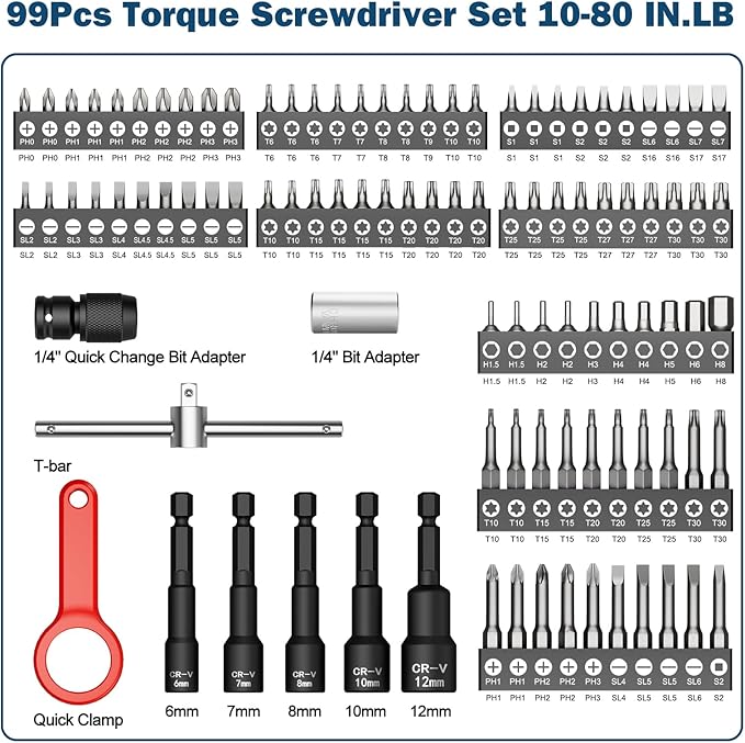 VANPO Torque Screwdriver Set 10-80 In-lb, 99-Piece Torque Driver Kit | with T-Bar & 1/4" Quick-Change Adapter, Precision Adjustable for Scope Mounting, Electronics Repair, Bicycle Maintenance