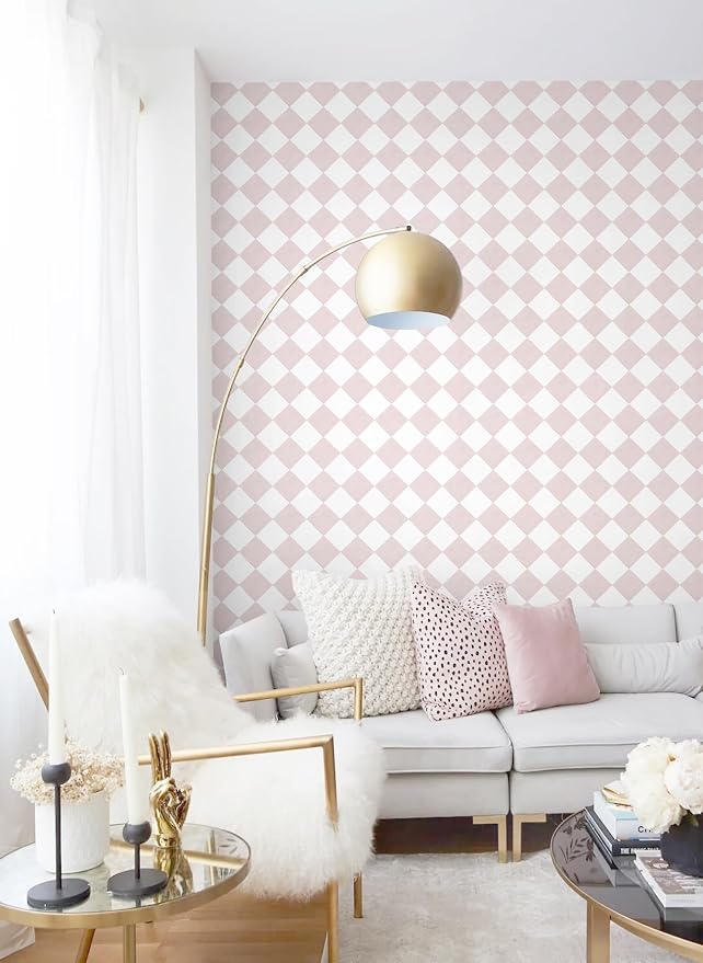 Safiyya 196"x 17.3" Pink and White Checkered Wallpaper Geometric Funky Peel and Stick Wallpaper Self Adhesive Removable Contact Paper Pink Check Wall Paper for Bedroom