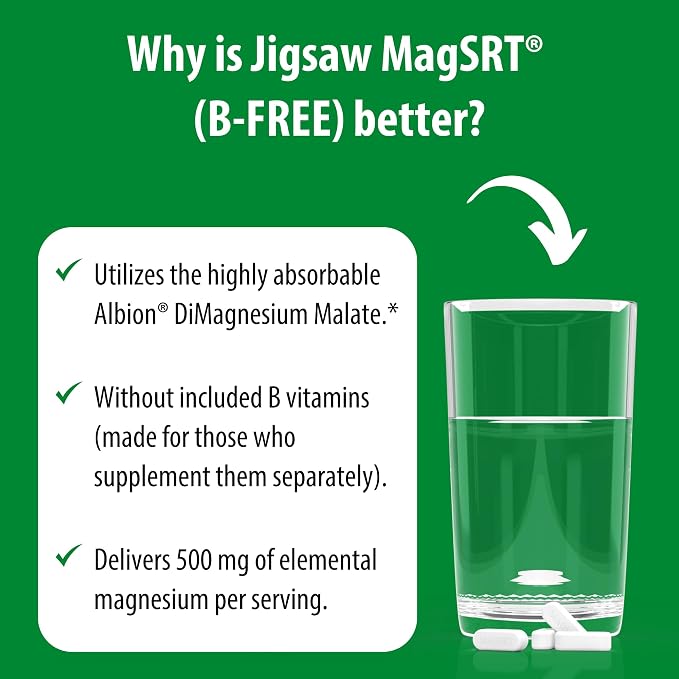 Jigsaw Health MagSRT (B-Free) | Premium, Organic, Slow Release Magnesium Supplement | Active, Bioavailable Magnesium Malate Tablets | 60 Tablets | 15 Servings