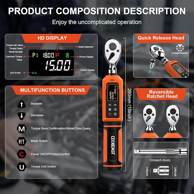 3/8 Drive Digital Torque Wrench,Preset Value(0.66-44.29 Ft-lbs./0.9-60Nm) | Buzzer and LED Alert,±2% High Accuracy,72-Tooth, Quick Release,Reversible,Large Screen,for Bike Motorcycle,Gift for Men,DIY