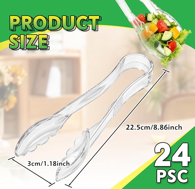 24 Pack Plastic Tongs for Serving, 9 Inch Heavy Duty Hard Plastic Serving Tongs with Scalloped Tips, Reusable or Disposable Serving Utensils for Buffets, BBQ, Bakery, Parties & Catering