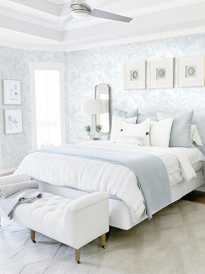 78.7"x17.3" Peel and Stick Wallpaper Blue Floral Boho Cute Contact Paper Light Blue Girly White Flower Wallpaper Removable Dorm Girls Wall Paper Self Adhesive Modern Kitchen Bedroom Vinyl Roll