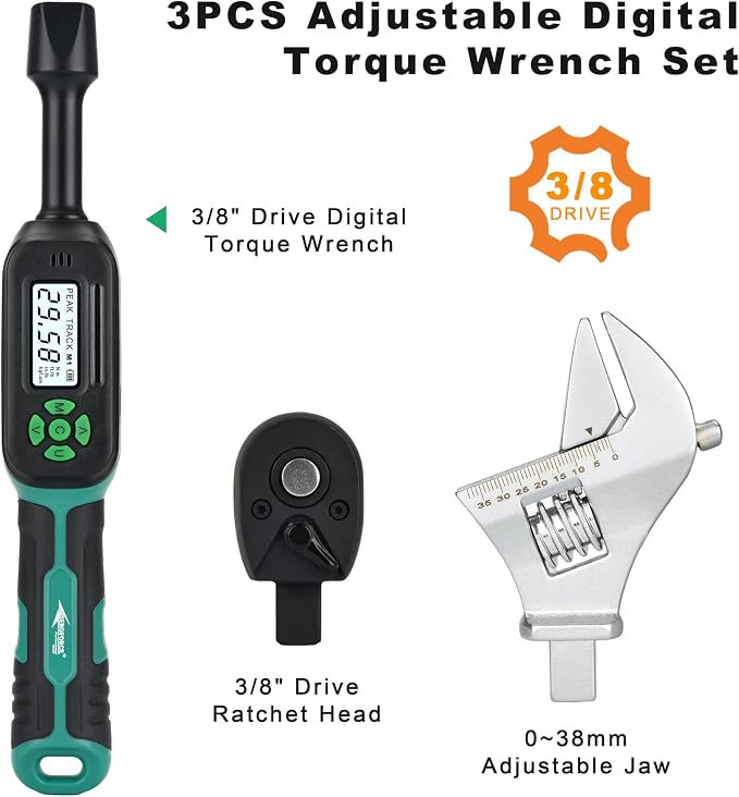 AEROFORCE 3/8" Drive Adjustable Digital Torque Wrench, 6.8-135Nm Electric Torque Wrench with 38MM Open End, Interchangeable Jaw & Ratchet Head, for HVAC, Automotive, Motorcycle and Narrow Pipeline