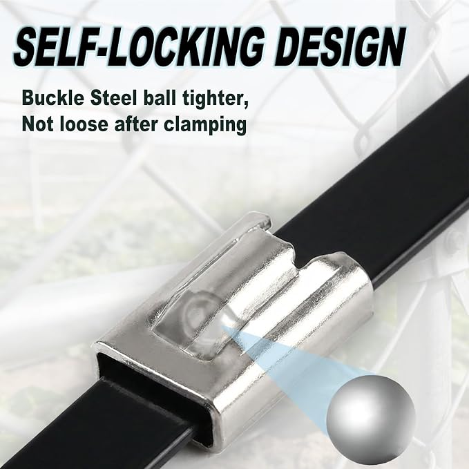 100PCS 0.18X11.8Inch 304‑Steel Self‑Locking Zip‑Ties for Auto Pipes Fences | High‑strength 304‑steel zip ties provide long‑lasting secure fastening for outdoor‑fence installations.