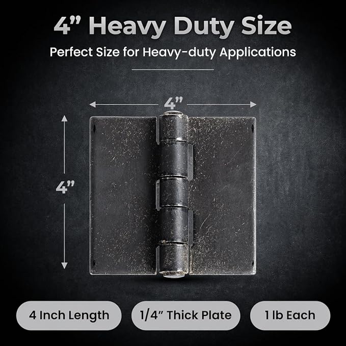 Heavy Duty Weldable Hinges | Steel Butt Hinge Design for Heavy Gates & Doors | Long Lasting - 4" x 4" Size - 1/4" Plate Thickness (2 lb,1 Pair)