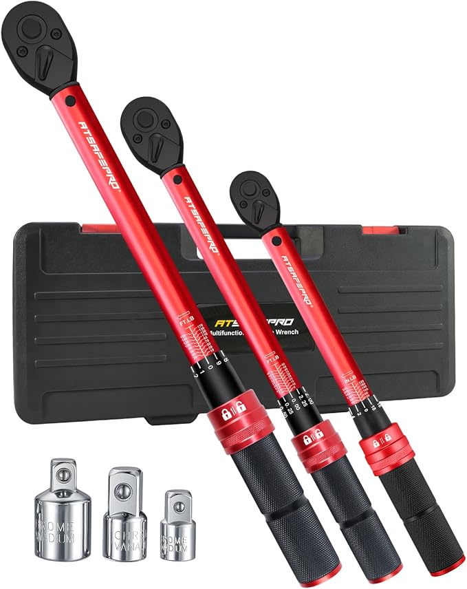 Torque Wrench Set-1/4 20–240 in-LB, 3/8" 5–50 ft-lb,1/2" 10–170 ft-lb with 3 Socket Adapters,±3% Accuracy, Dual Scale, 72-Tooth, Dual-Direction for Car, Bike, Motorcycle Repair Maintenance