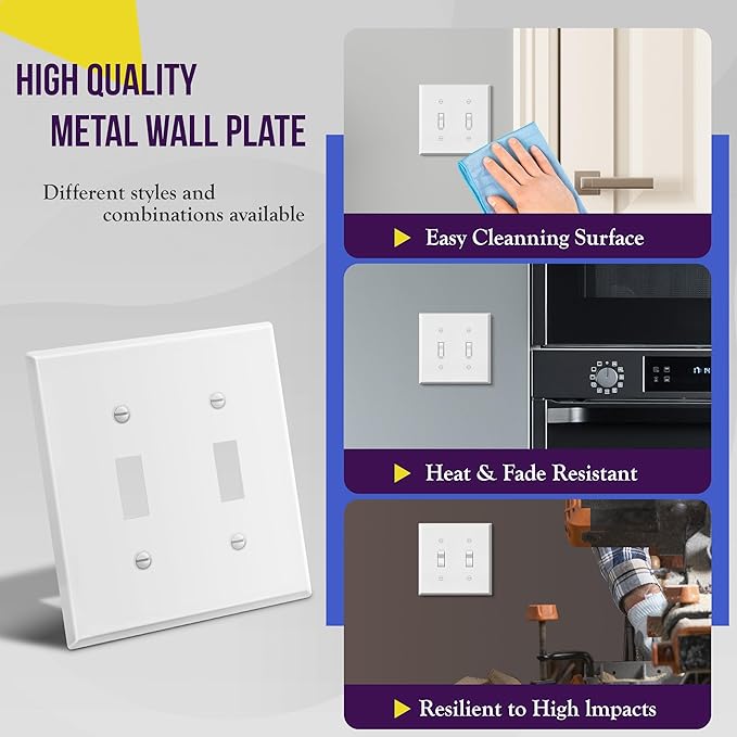 ENERLITES Double Toggle Light Switch Metal Cover Plate, Wall Plate, Corrosion Resistant, Standard Size 2-Gang 4.50" x 4.57", Powder Coated Stamped Steel, 7712-WM, White Matte (Pack of 1)