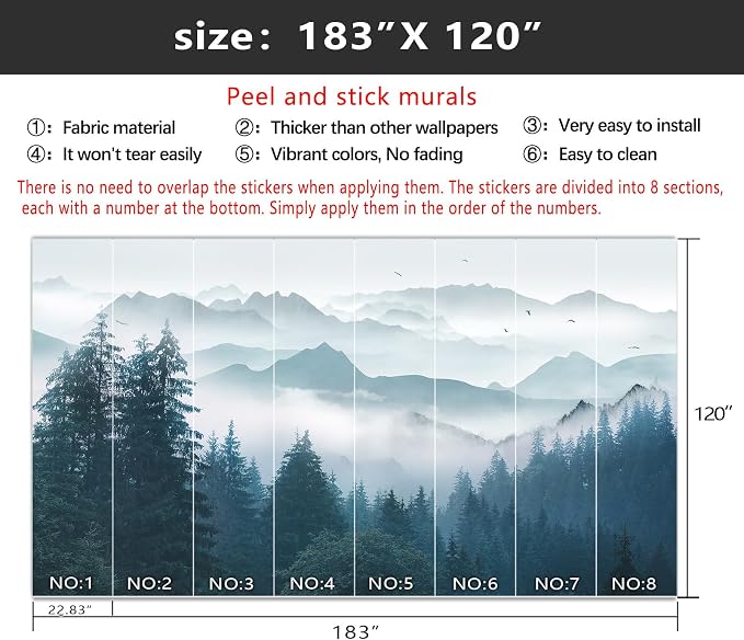 YIHWM-Peel and Stick Foggy Forest Wallpaper Misty Pine Scenery Tree Mural | Tear-resistant,with a substantial feel;Will not be damaged during repositioning.Bathroom,Bedroom wallpaper.XXL-183"x120"