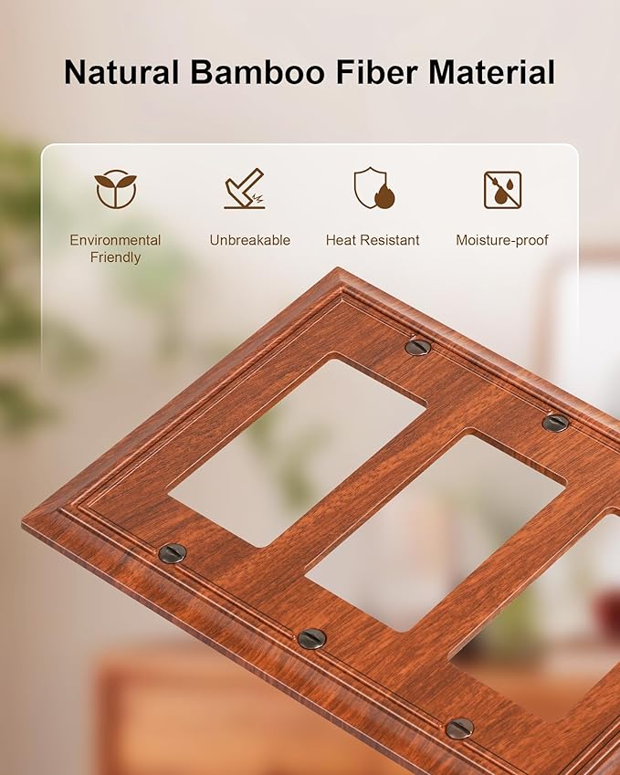 2-Pack Decorative Tripple Decorator Outlet Cover Plate, Durable Natural Bamboo Fiber Wood Grain Wall Plates for Electrical Outlets, Receptacle, GFCI Outlet, Dimmer Switch, 3-Gang, Corrosion Resistant
