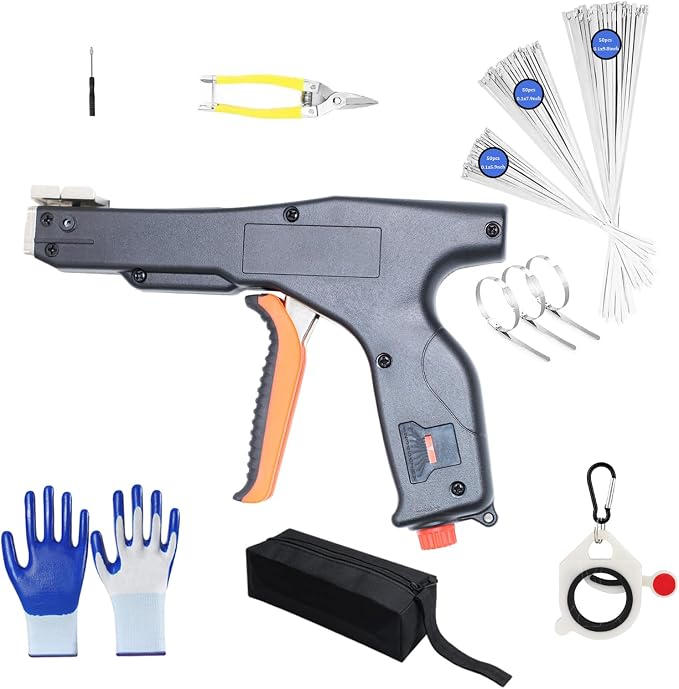 Automatic Metal Zip Ties Cutter Stainless Steel Cable Tie Gun Kit，9-level Adjustable Fastening Tension ，Automatic Tightening Cutting Ratchet Tie Clamp，With 150pcs 304 Stainless Steel Zip Ties