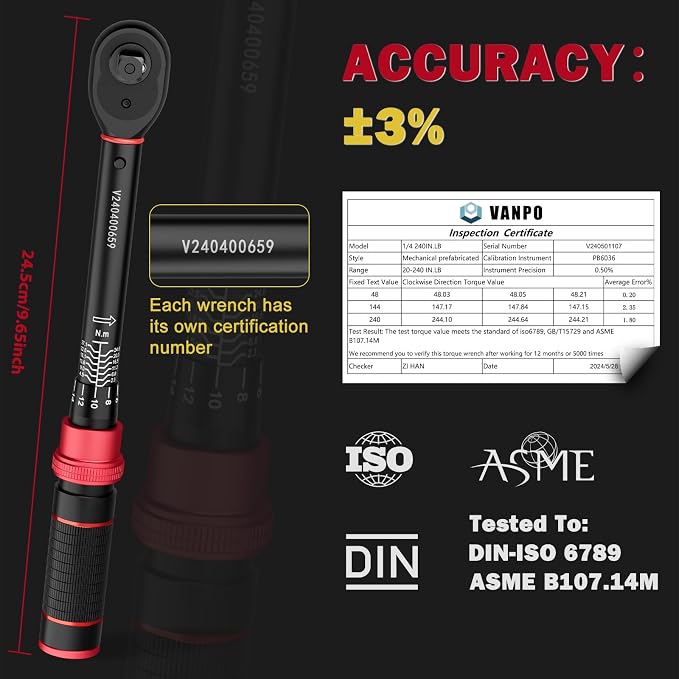 VANPO Torque Wrench 1/4-Inch Drive for Bike, 20-240 in.lb | Click Type, 2.3-27.1 Nm, Inch Pound Torque Wrench Set with 1/4" to 3/8" Adapter, 10cm Extension Bar for MTB, Bicycle Repair