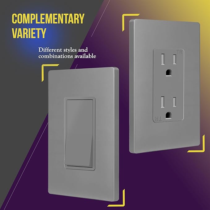 ENERLITES Screwless Decorator Wall Plate Child Safe Outlet Cover, Size 1-Gang 4.68" H x 2.93" L, Unbreakable Polycarbonate Thermoplastic, SI8831-GY-10PCS, Glossy, Gray (10 Pack)