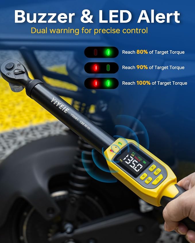 Digital Torque Wrench 3/8" Drive, 5-99.5 Ft-lb/6.7-135 N.m (±1% Accuracy) | Buzzer and LED Alert, Electric Torque Wrench Digital with Adapter, 2 Extension Bars - Reach Tight Space, for Bike/Moto/Auto