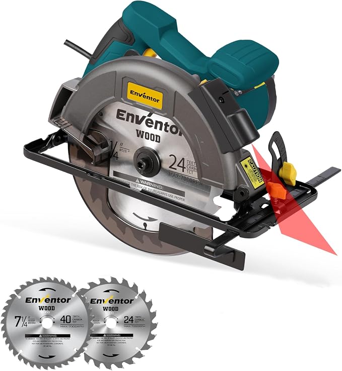 Enventor 11A Circular Saw 7-1/4-Inch with Laser Guide, 2 Blade Saws 24T/40T | Electric Circular Saw Corded, Max Cutting Depth 2-7/16"(90°), 1-8/9"(0°-45°), Single Handed Bevel, 6000RPM (Blue)