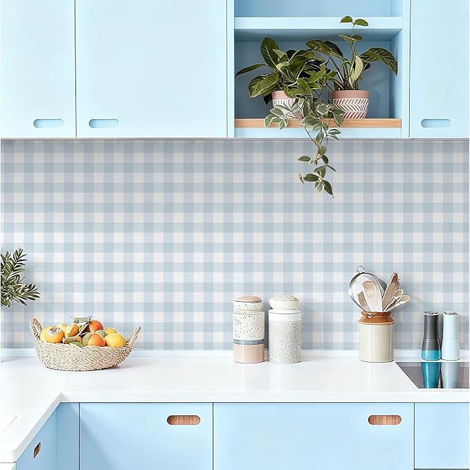 Plaid Wallpaper Peel and Stick, Blue, 17.7"x78.7" | Self Adhesive, Vinyl, Removable, Boho Contact Paper, Checkered Wall Paper for Bedroom, Living Room, Bathroom