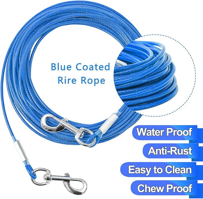 Tie Out Cable for Dogs,10/20/30/50/100FT Dog Leads for Yard Chew Proof,Heavy Duty Tie Out Cable for Large Dogs Up to 125lbs,Dog Runner Tether (Blue, 125Ibs 30ft)