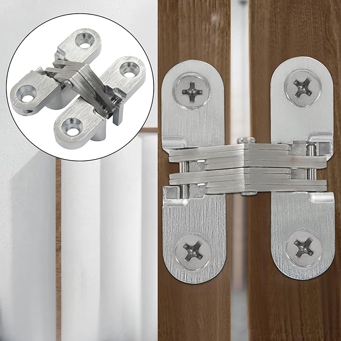 Murtenze 4 Pack Hidden Hinges, 1.77" Stainless Steel Cross Invisible Swing Hinges, 180 Degree Concealed Cross Hinge for Kitchen Cabinet Door