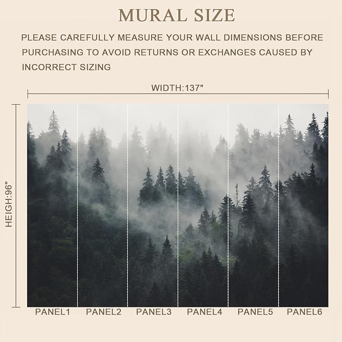 MFWFM Misty Forest Peel and Stick Wallpaper Foggy Forest Scenic Wall Murals | 137"x96", for Bedroom Living Room Bathroom, Self Adhesive Canvas
