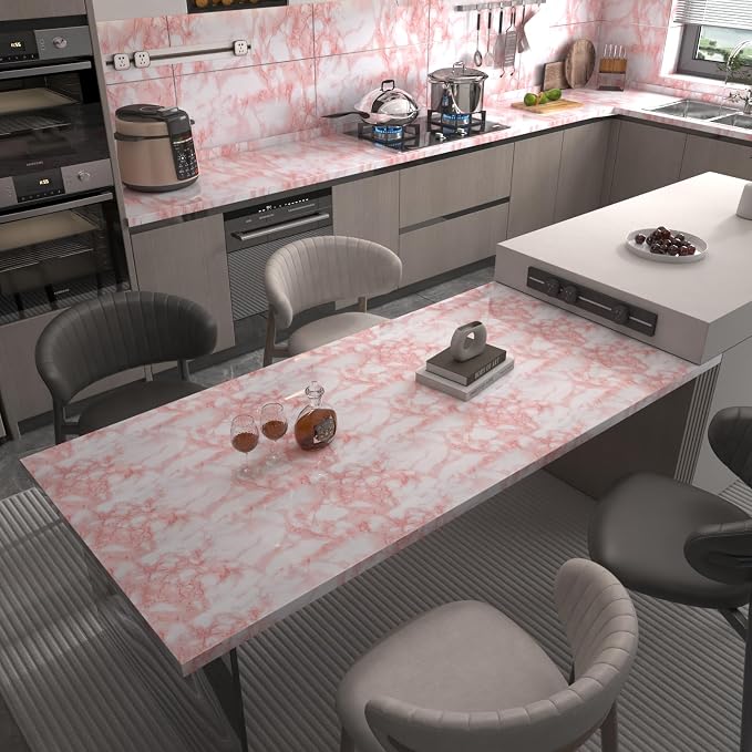 BAYYA Extra Wide Marble Contact Paper Granite Peel and Stick Wallpaper Pink Glossy 48x197 inch Countertop Contact Paper for Kitchen Bathroom Self-Adhesive Waterproof Decorative Film Marble Vinyl Wrap