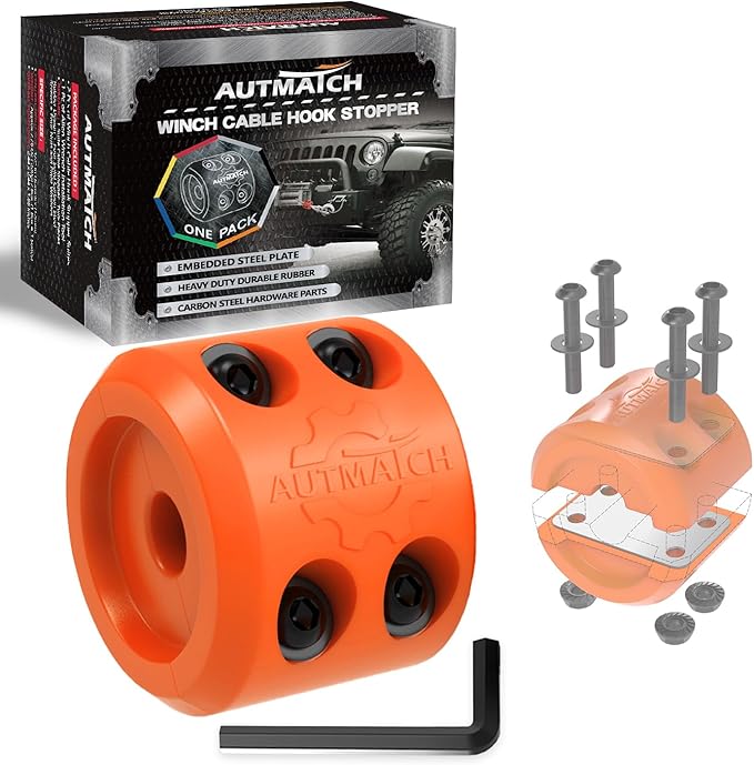 AUTMATCH Winch Cable Hook Stopper (1 Pack), Silicone Rubber Winch Stopper for Wire & Synthetic Rope, Winch Line ATV UTV, Shock Absorbent, Prevent Pulling Bounce and Abrasion, Orange