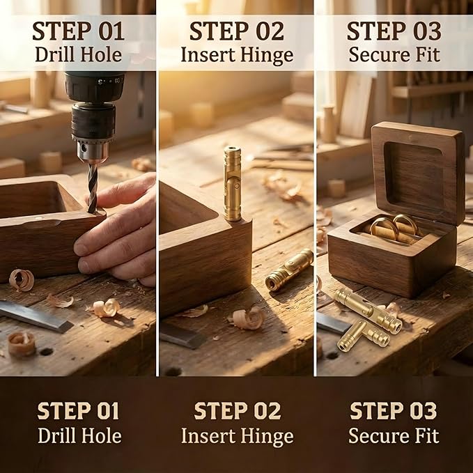 40 Pcs Mini Brass Barrel Hinges for Wooden Boxes, Hidden Cylinder Pivot Hardware for Jewelry Box, Trinket Case, Small Wood Craft Projects, Concealed 270° Rotation